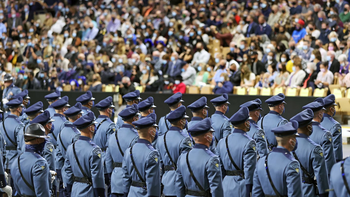 A graduation ceremony for 168 trainees of the Massachusetts State Police 86th Recruit Training Troop in 2021. Geoffrey Noble is expected to start his tenure as Massachusetts State Police colonel next month.