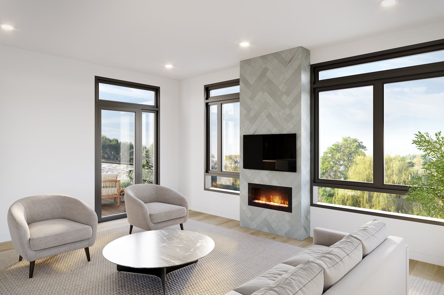 (Rendering) The living room will offer an electric fireplace and expansive windows.