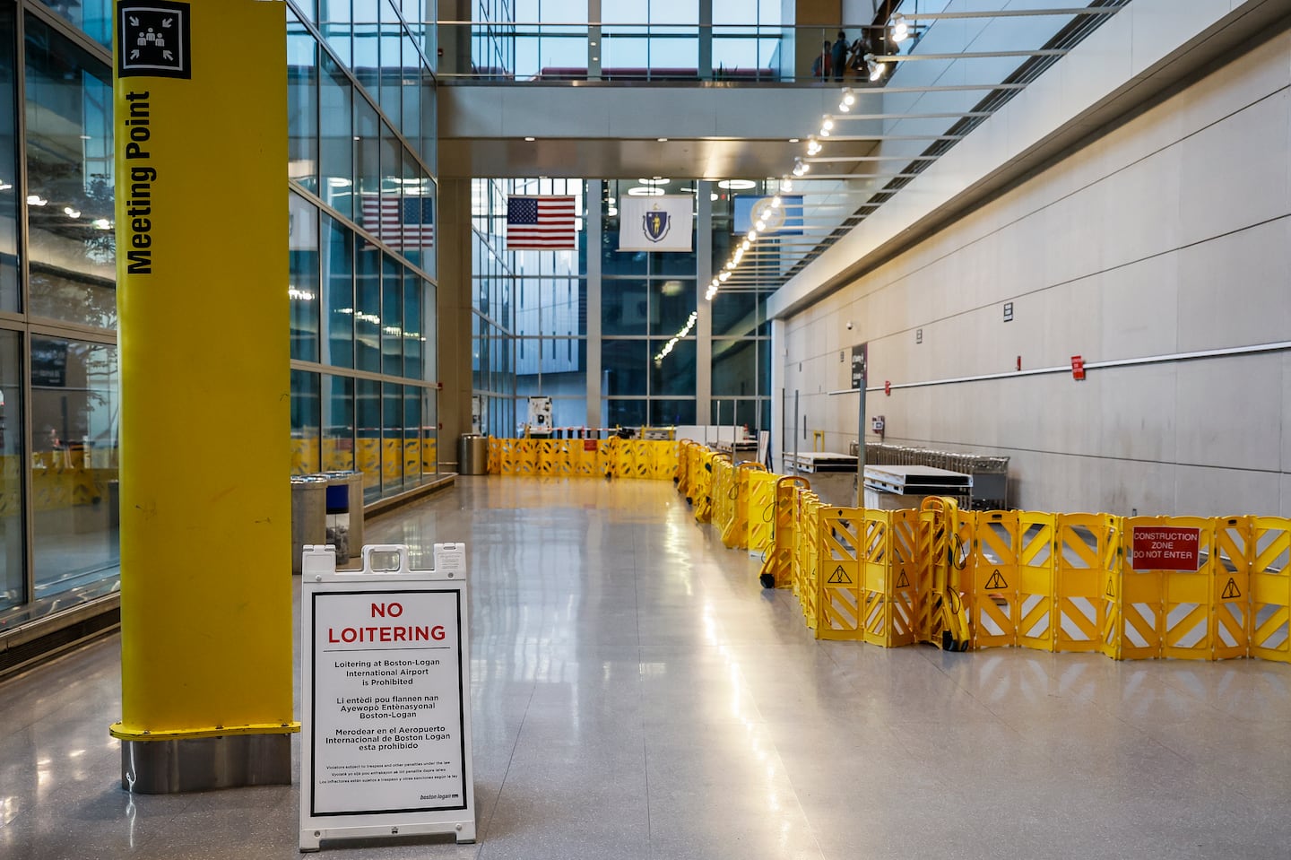 In July, a sign stating “No Loitering” was seen in Terminal E at Logan Airport.