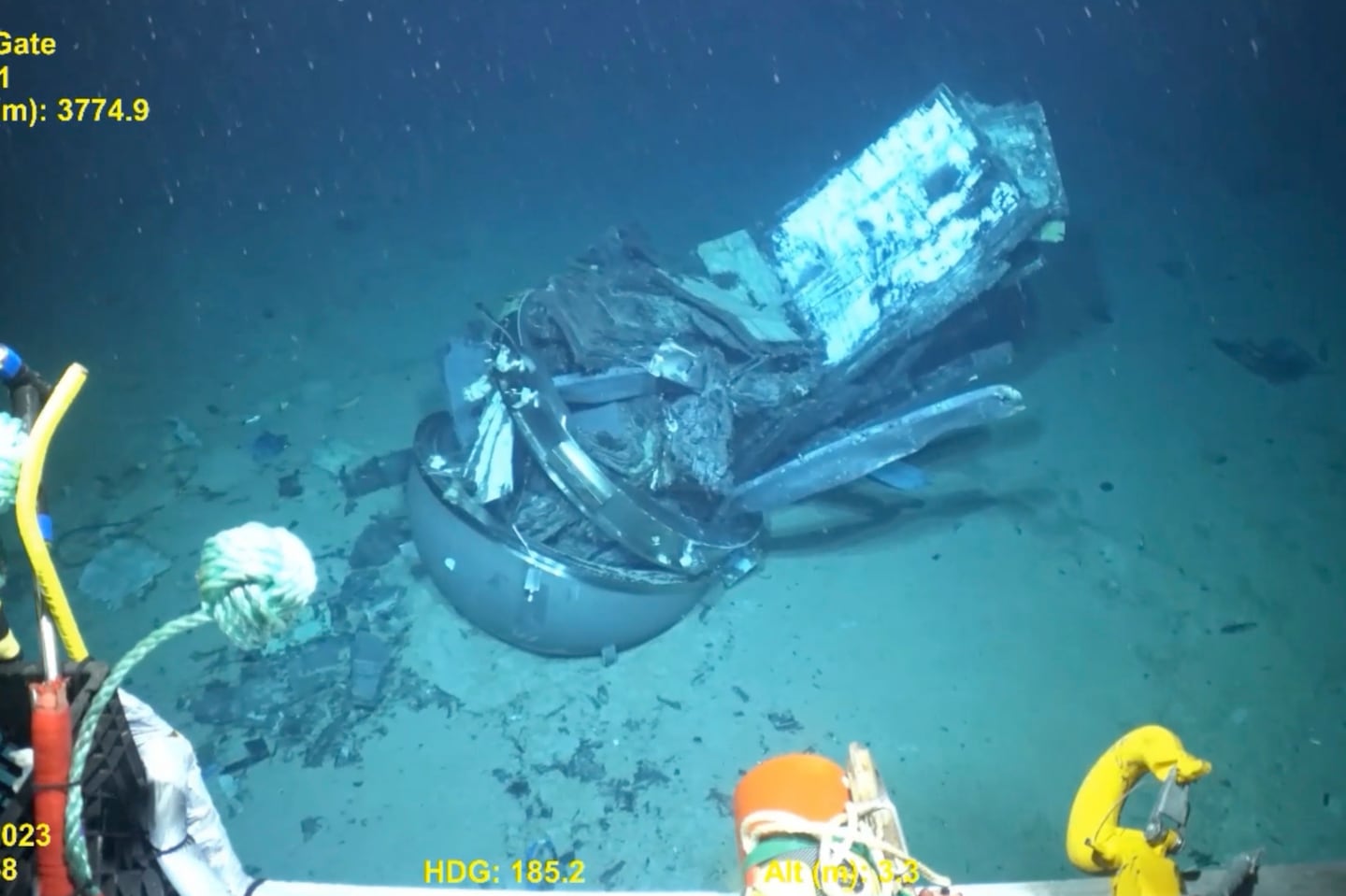 This frame from video shows remains of the Titan submersible on the floor of the Atlantic Ocean in 2023.