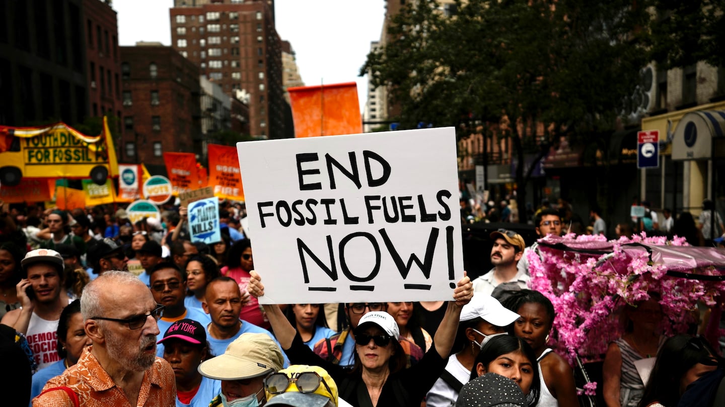 Climate activists attend a rally to end fossil fuels, in New York, Sept. 17, 2023.