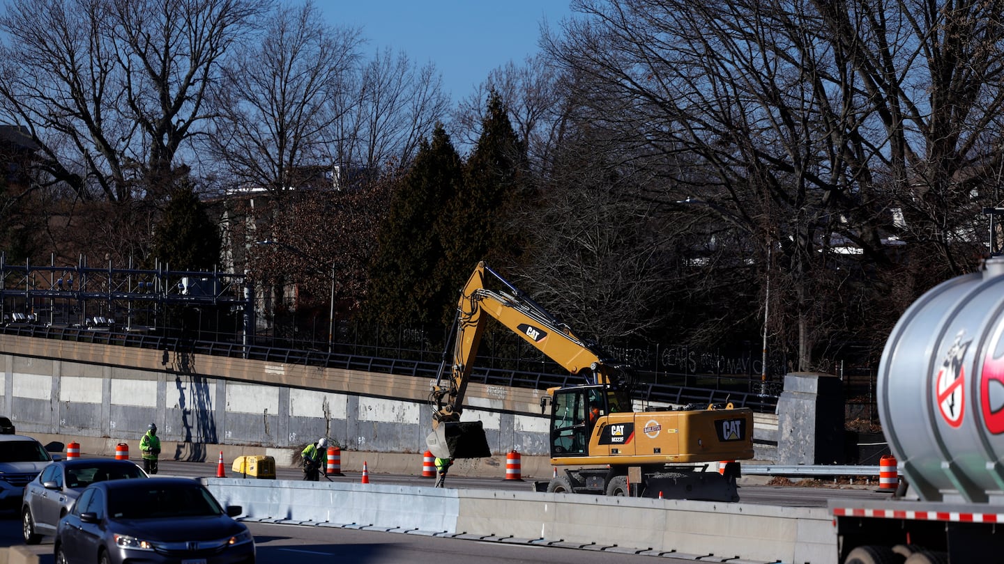 Construction work being done in December on the Washington Bridge stretch of westbound Interstate 195 in Providence.