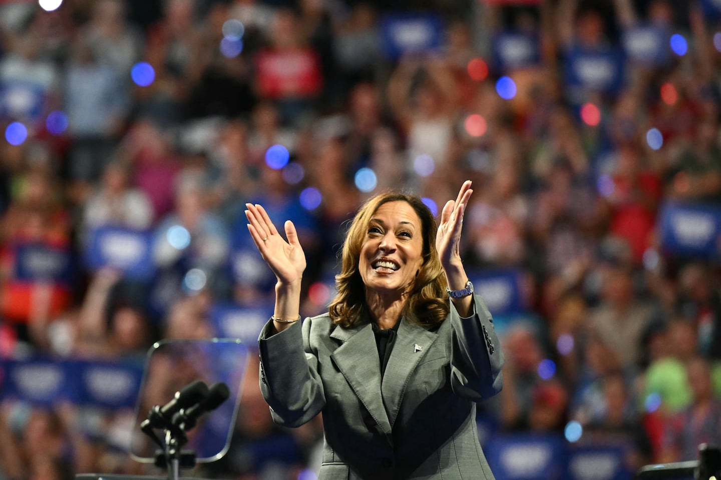 US Vice President and Democratic presidential candidate Kamala Harris waves to the crowd during a campaign event at Alliant Energy Center in Madison, Wisconsin, on September 20, 2024.