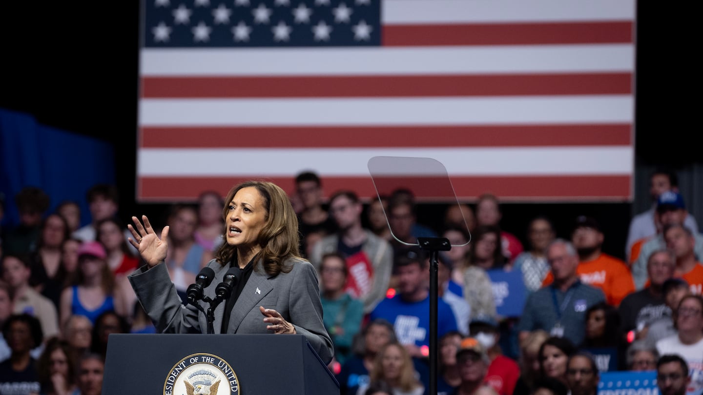 Democratic presidential nominee Vice President Kamala Harris speaks during a campaign rally at the Alliant Energy Center on September 20, 2024 in the battleground state of Wisconsin.