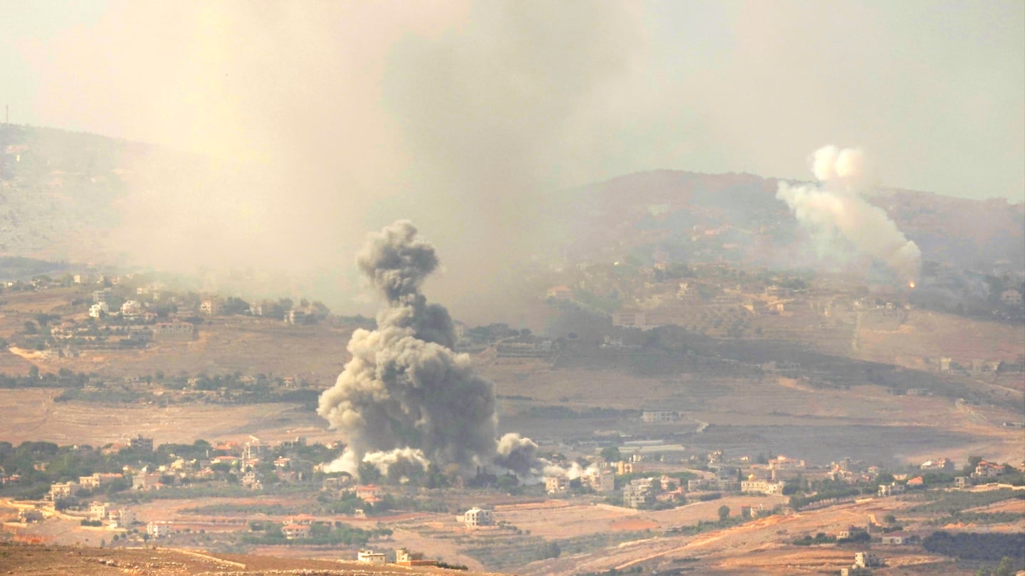 Smoke rises from Israeli airstrikes on villages in the Nabatiyeh district, seen from the southern town of Marjayoun, Lebanon, Monday, Sept. 23, 2024.