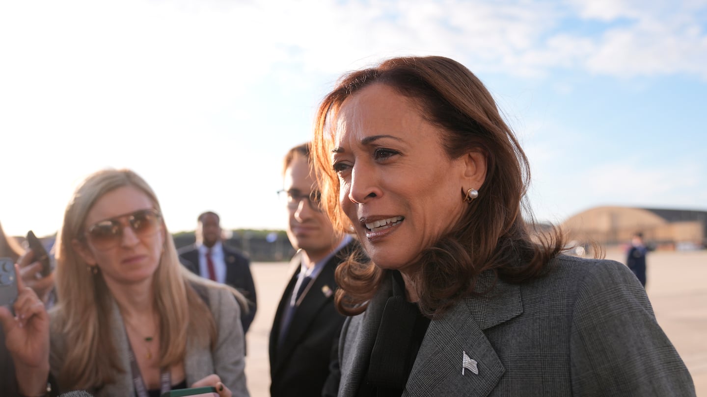 Democratic presidential nominee Vice President Kamala Harris speaks to members of the media upon her arrival at Andrews Air Force Base, Md., on Sept. 22.