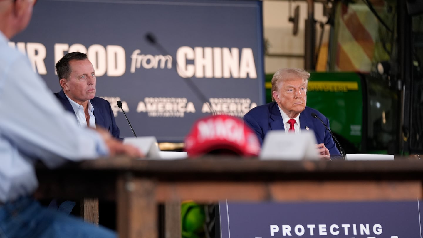 Former president Donald Trump listens during a campaign event at a farm, Monday, Sept. 23, 2024, in Smithton, Pa.