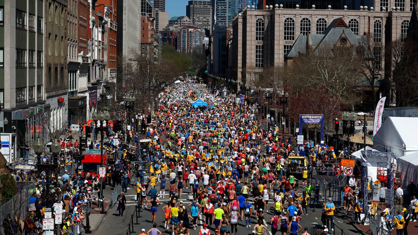 The view looking down Boylston street after the finish line during the Boston Marathon on April 15.