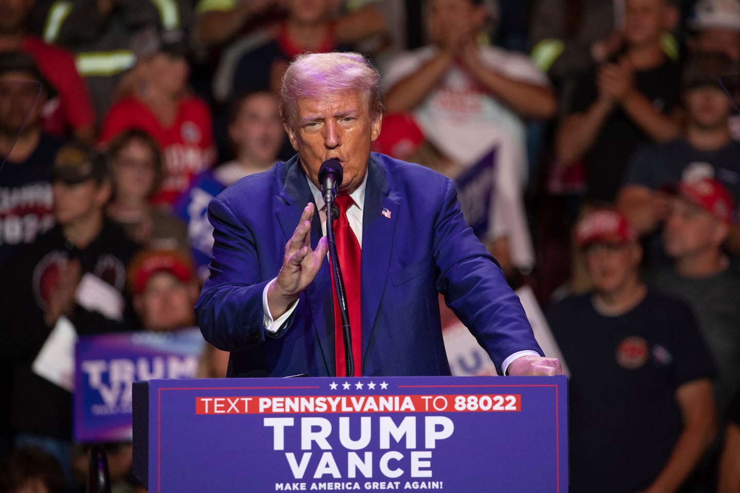 Republican presidential nominee former president Donald Trump speaks during a campaign rally at Ed Fry Arena in Indiana, Pa., Monday, Sept. 23, 2024.