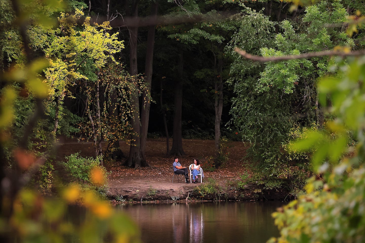 The pleasant temperature of a late summer day drew visitors to the edge of Leverett Pond in Olmsted Park last week.