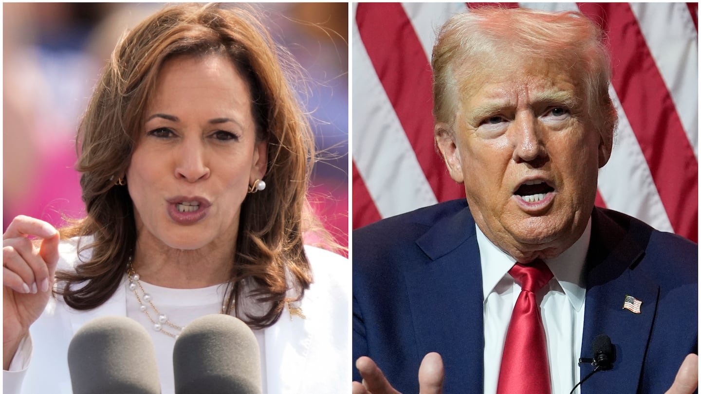 Vice President Kamala Harris, left, on Aug. 7, and Republican presidential candidate former president Donald Trump on July 31.