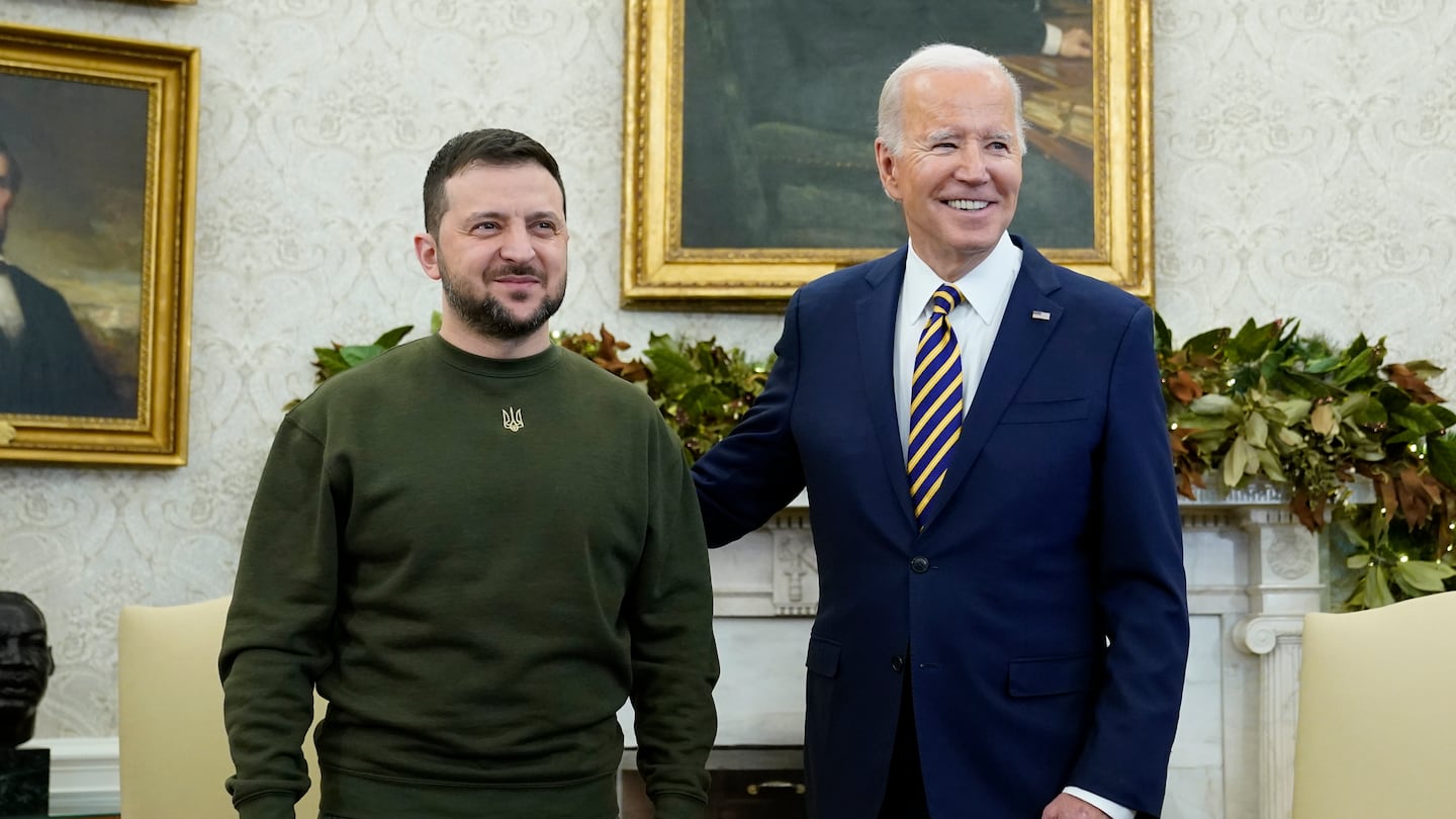 President Biden meets with Ukrainian President Volodymyr Zelensky in the Oval Office of the White House, Dec. 21, 2022, in Washington.