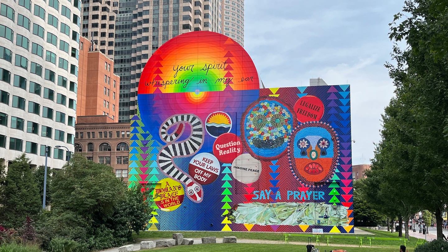 Jeffrey Gibson's new mural, "your spirit whispering in my ear," at Dewey Square, commissioned by the Rose Kennedy Greenway Conservancy, was completed this month.