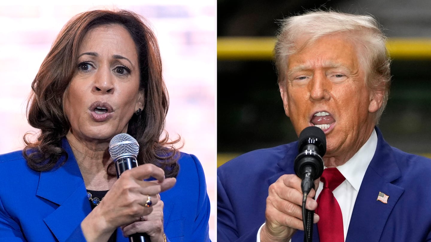 Democratic presidential nominee Vice President Kamala Harris speaks at a campaign event, Aug. 18, 2024, in Rochester, left, and Republican presidential nominee former president Donald Trump speaks during a campaign event, Aug. 19, 2024, in New York.