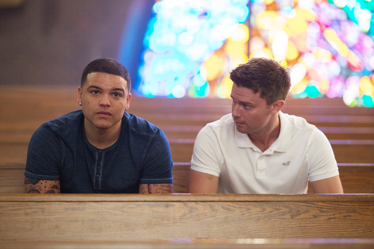 A still from FX’s "American Sports Story: Aaron Hernandez" episode 3, "Pray the Gay Away." Pictured: Josh Rivera as Aaron Hernandez, Patrick Schwarzenegger as Tim Tebow.