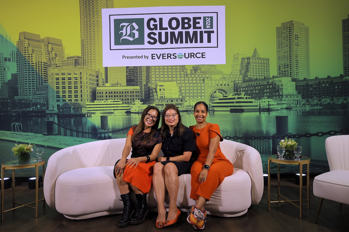 The “Say More” podcast was recorded live at the Globe Summit in the Harvard Club in the Back Bay. With the Globe’s Shirley Leung (center) as host, panelists included Malia Lazu, left, and Yscaira Jimenez.