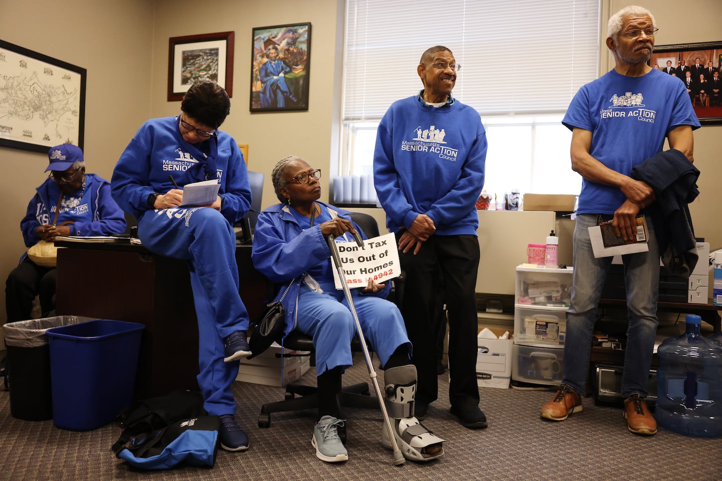 Members of the Massachusetts Senior Action gathered inside Senator Brendan Crighton’s office on Wednesday and spoke with one of his staff members as they asked to pass Mayor Wu’s home rule petition.