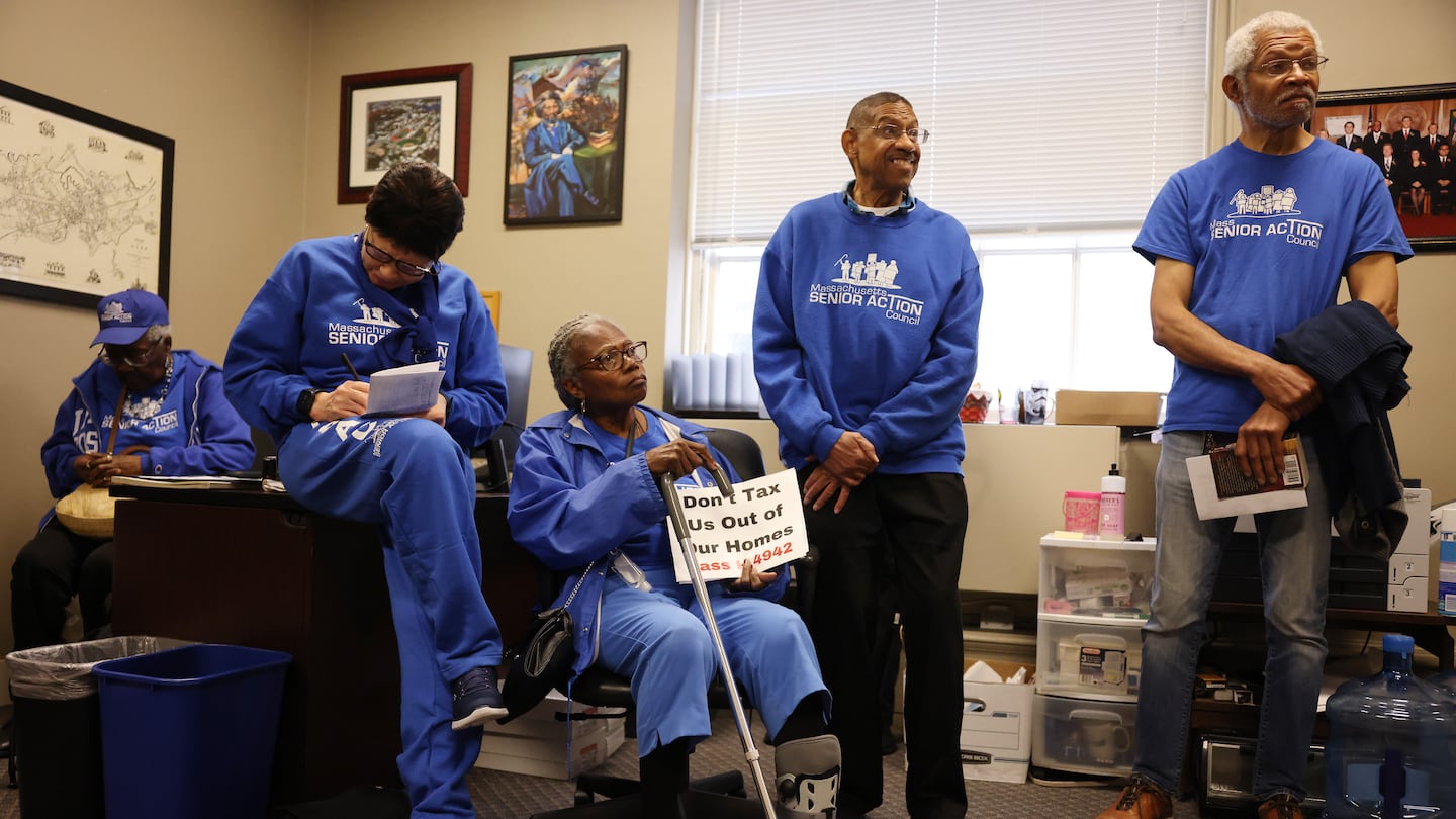 Members of the Massachusetts Senior Action gathered inside Senator Brendan Crighton’s office on Wednesday and spoke with one of his staff members as they asked to pass Mayor Wu’s home rule petition.