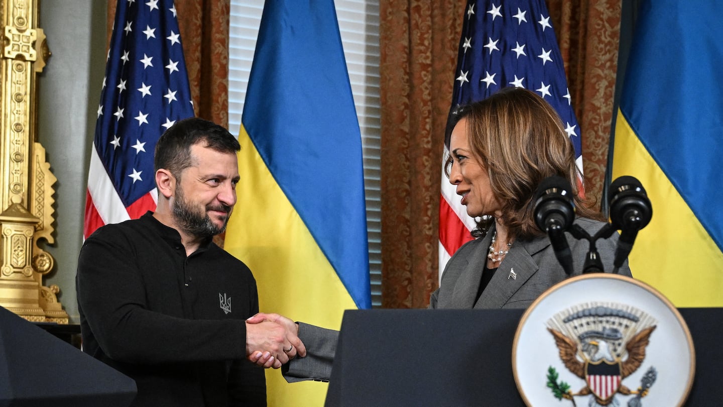 Vice President and Democratic presidential candidate Kamala Harris and Ukraine's President Volodymyr Zelensky shake hands after speaking to the press before a private meeting on Sept. 26, 2024 in Washington, DC.