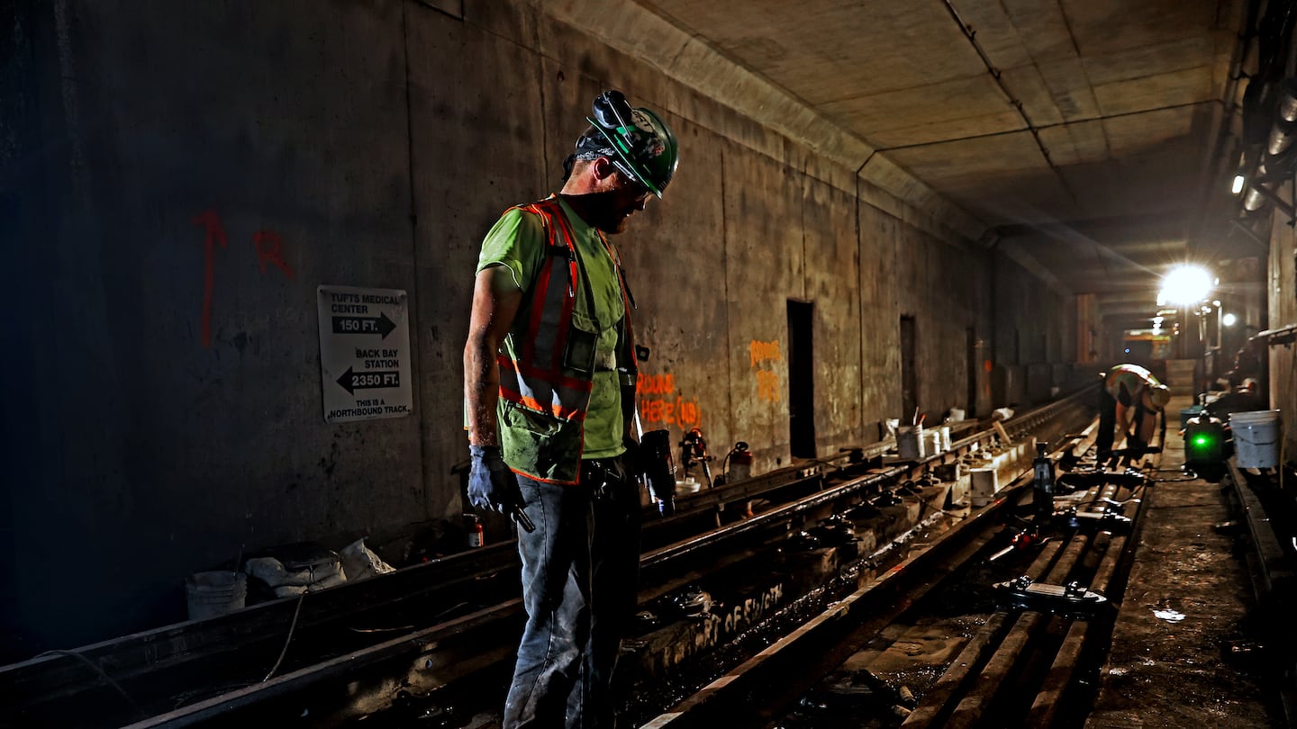 Night shift worker Jonny Brotherton took a short break during the MBTA's Orange Line shutdown in September 2022.