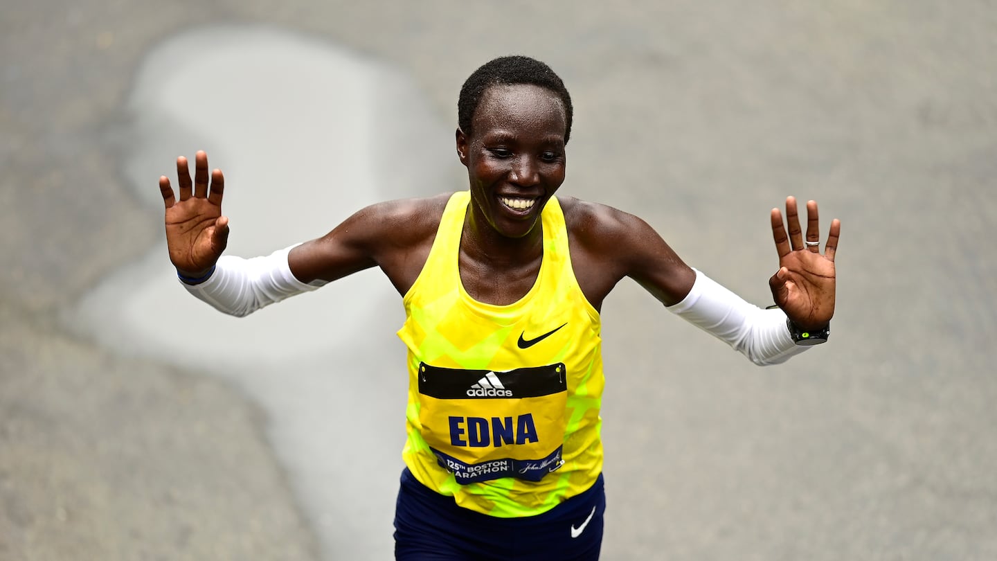 Edna Kiplagat, shown at the 2021 Boston Marathon, was named the winner of the Beach to Beacon 10K road race after the Aug. 3 winner, fellow Kenyan Faith Chepkoech, was disqualified after failing a drug test.