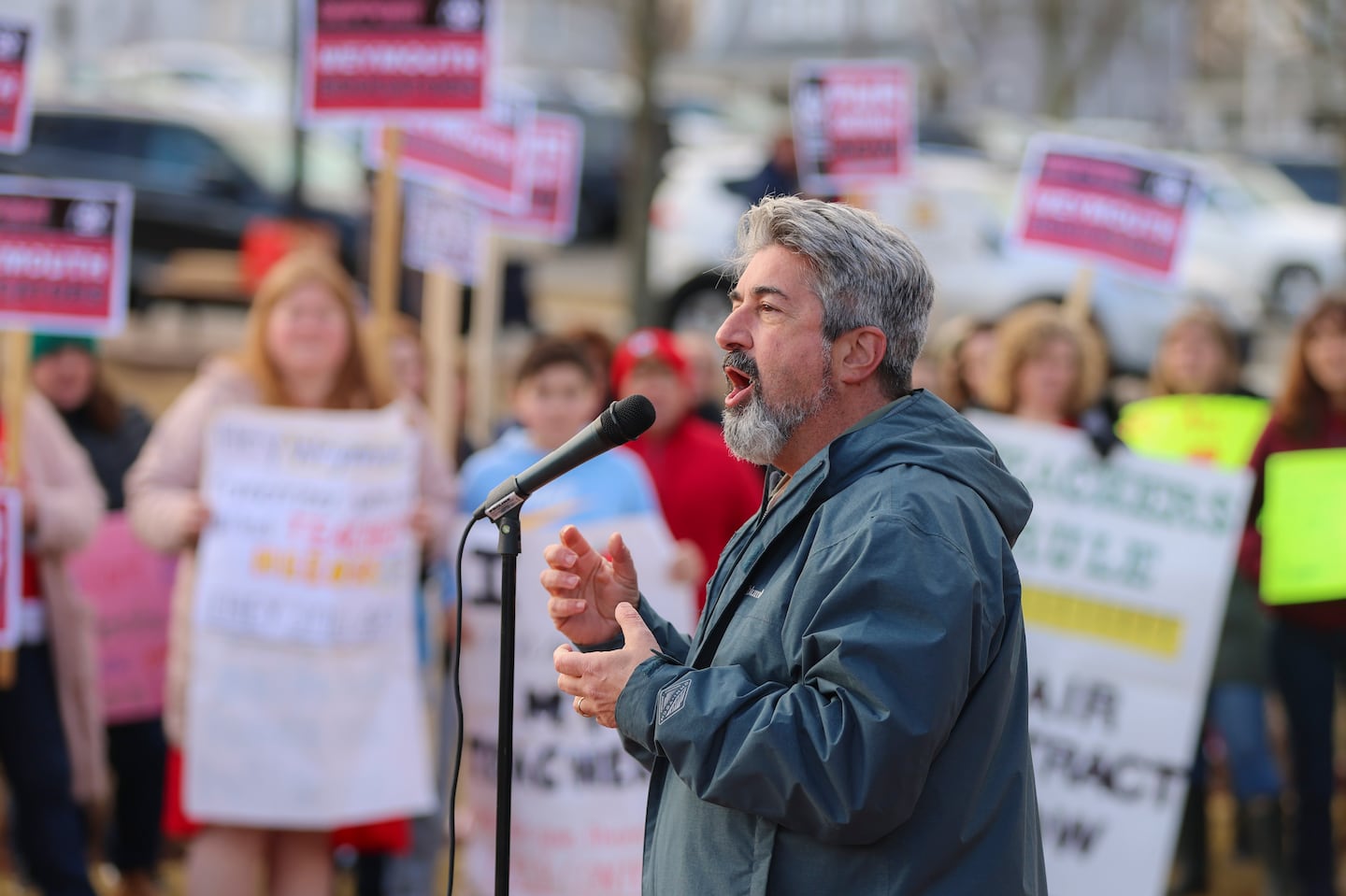 Max Page, president of the Massachusetts Teachers Association, spoke at a rally for a fair teachers contract outside of the Weymouth Town Hall, March 2, 2023.