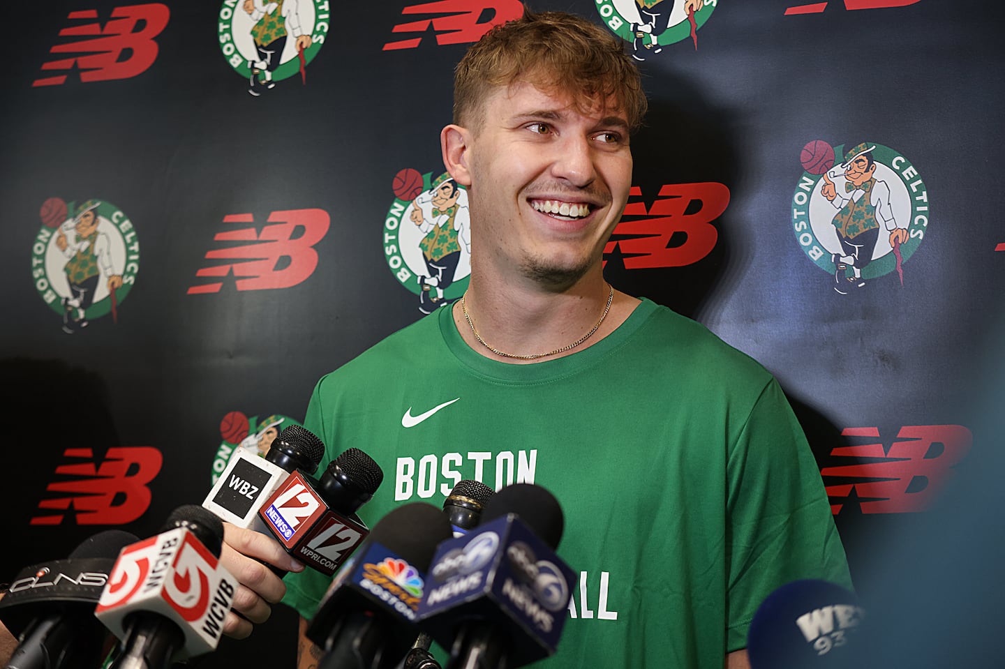 Guard Baylor Scheierman, the Celtics' first-round draft pick out of Creighton, meets the media at the Boston Celtics Auerbach Center.