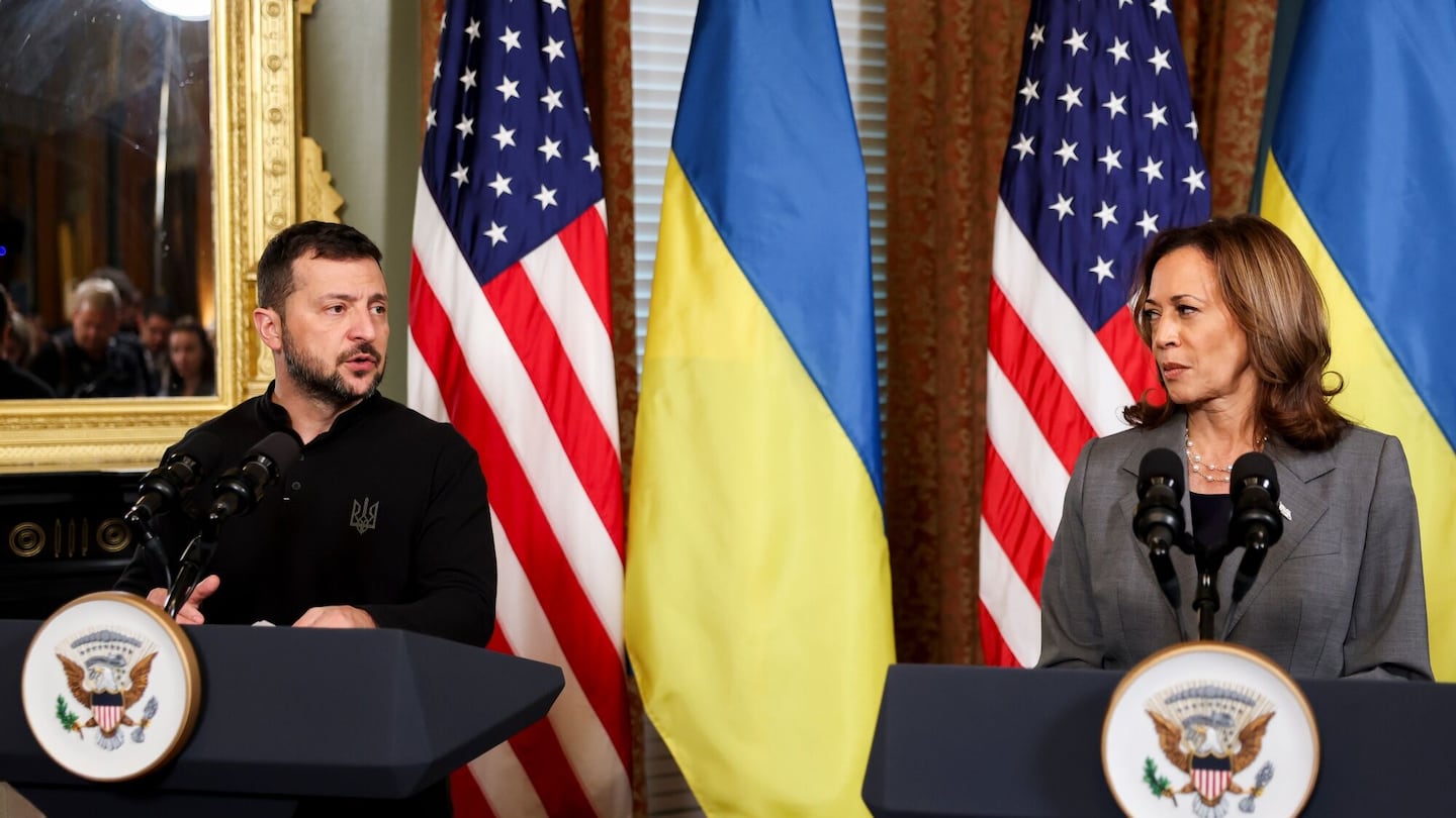 US Vice President Kamala Harris, right, and Volodymyr Zelenskiy, Ukraines president