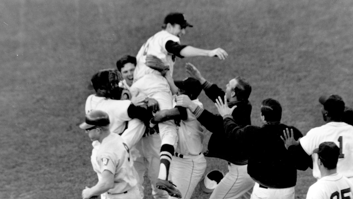 Winning pitcher Jim Lonborg was hoisted up by joyful Red Sox teammates after the victory on Oct. 1, 1967, that sent the Impossible Dream Red Sox to the World Series.