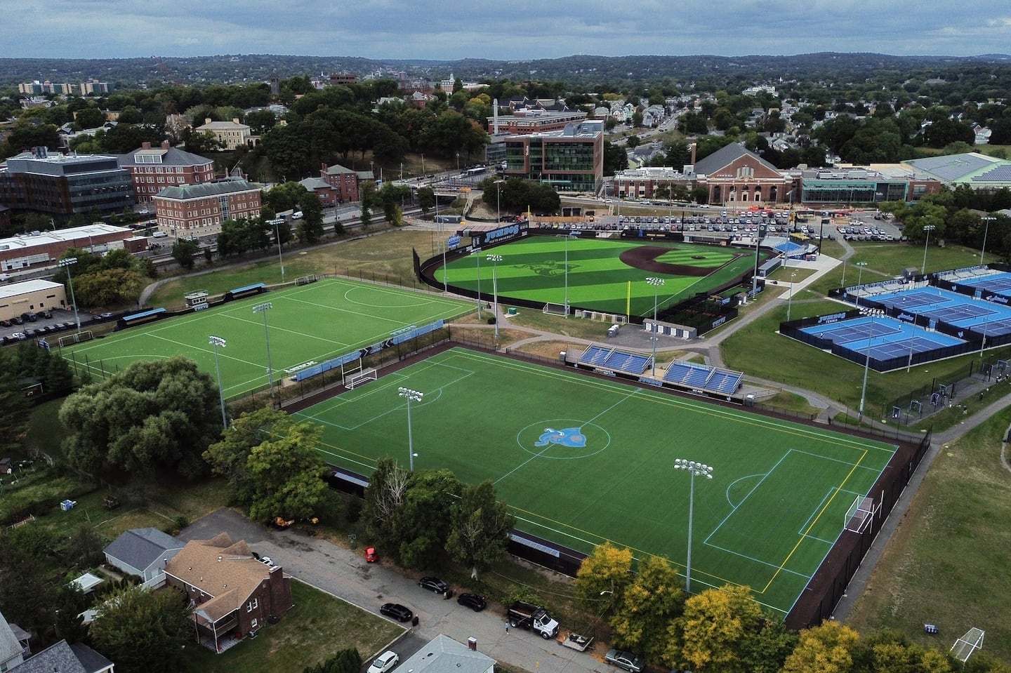 Aerial image of Bello Field at Tufts University.