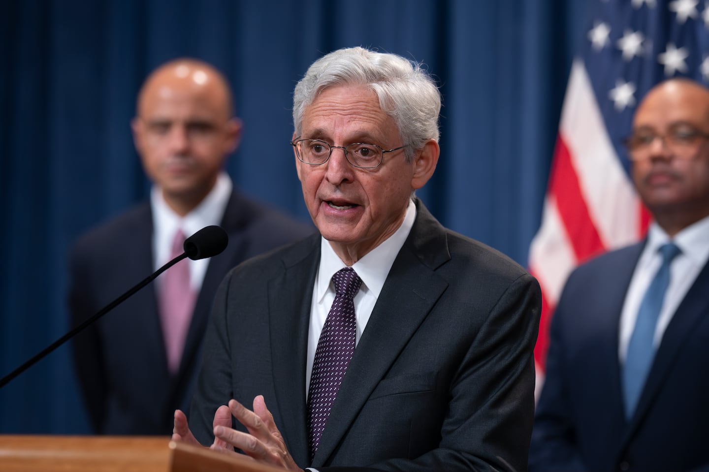 Attorney General Merrick Garland holds a news conference as the Justice Department announced criminal charges against Iranian operatives suspected of hacking Donald Trump's presidential campaign, at the Justice Department in Washington, Friday, Sept. 27, 2024.