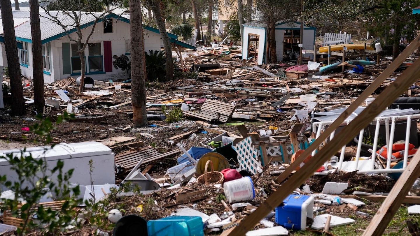 Destruction to the Faraway Inn Cottages and Motel is seen in the aftermath of Hurricane Helene, in Cedar Key, Fla., Friday, Sept. 27, 2024. (AP Photo/Gerald Herbert)