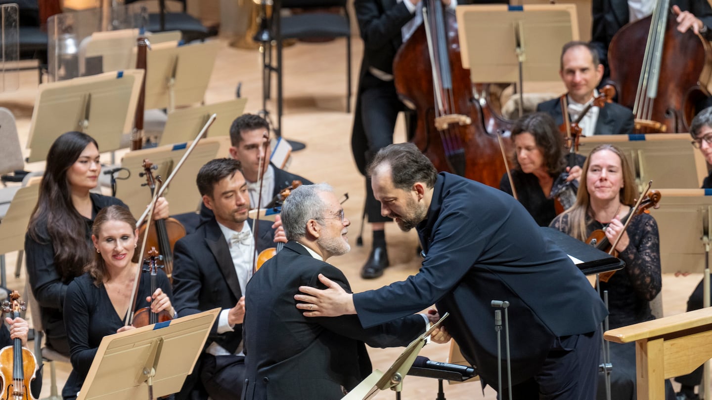 Boston Symphony Orchestra principal clarinetist William R. Hudgins and music director Andris Nelsons at Symphony Hall on Sept. 26, 2024.