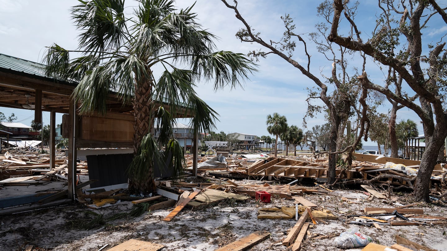 Debris from buildings destroyed during Hurricane Helene in Horseshoe Beach, Fla., on Saturday, Sept. 28, 2024.