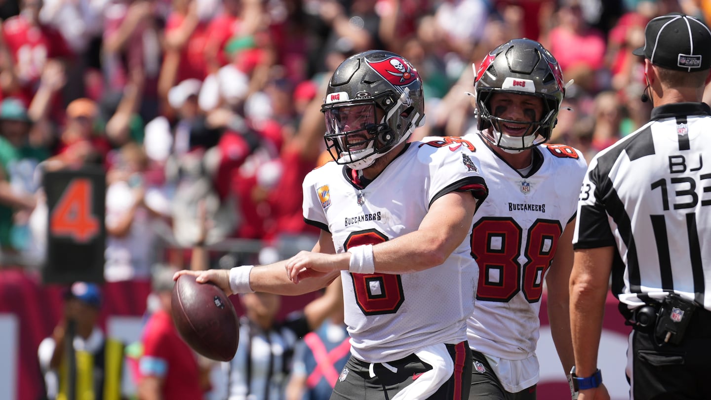 Buccaneers quarterback Baker Mayfield celebrated after running for a touchdown in the second quarter.