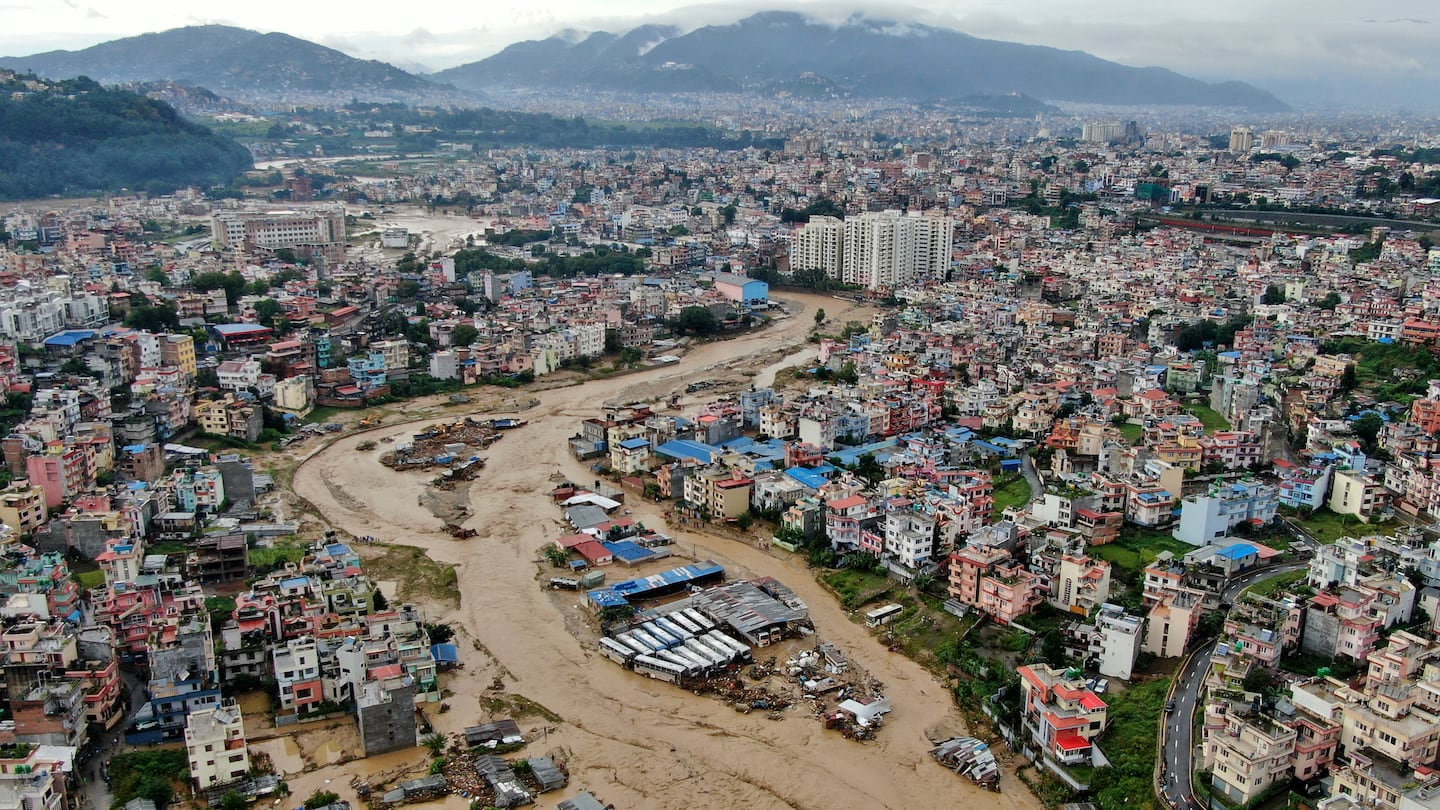 In this aerial image of the Kathmandu valley, Bagmati River is seen flooded due to heavy rains in Kathmandu, Nepal, on Sept. 28.