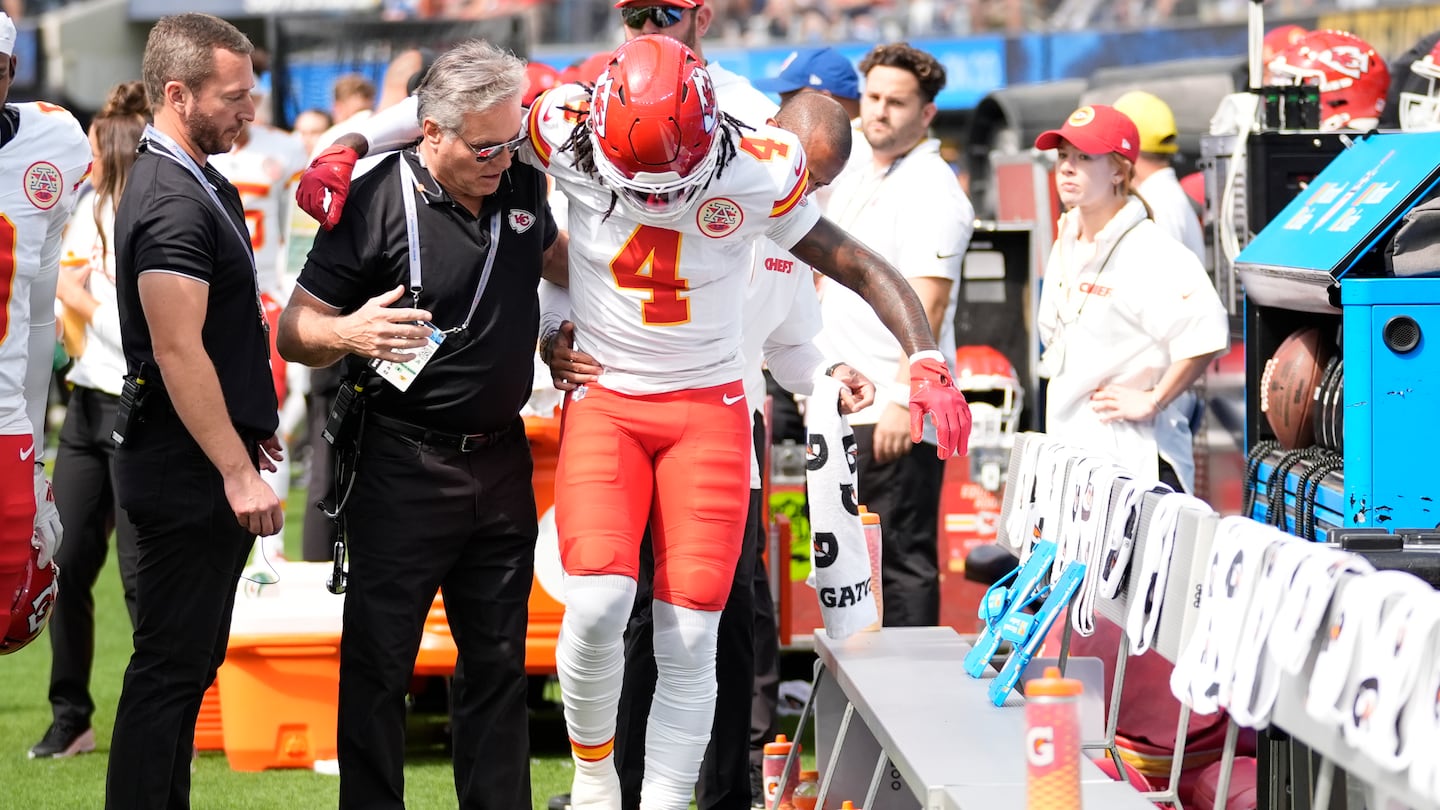 Chiefs wide receiver Rashee Rice was assisted off the field after injuring his knee.