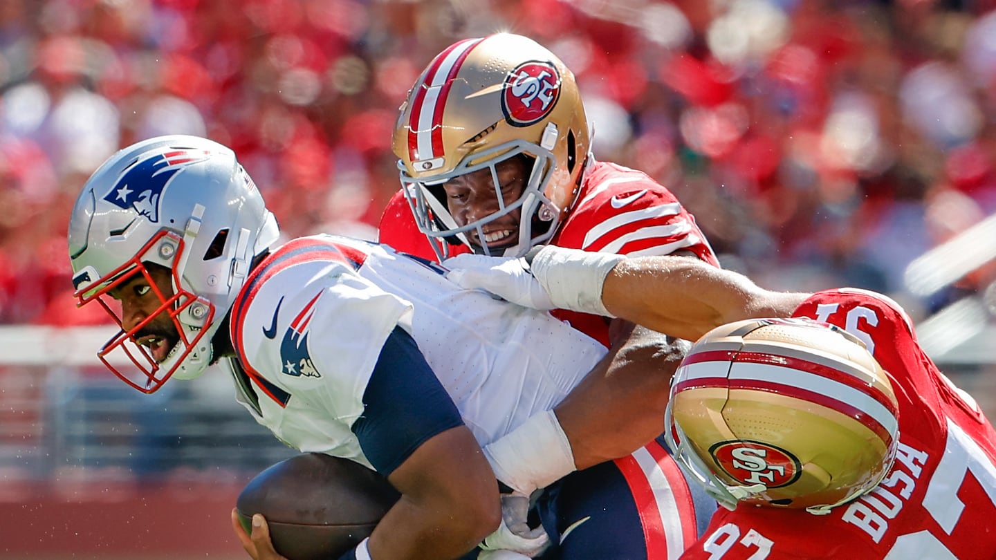 Jacoby Brissett had nowhere to run, nowhere to hide, against Kevin Givens, Nick Bosa (97), and the San Francisco defense that sacked the Patriots quarterback six times in Sunday's 30-13 defeat.