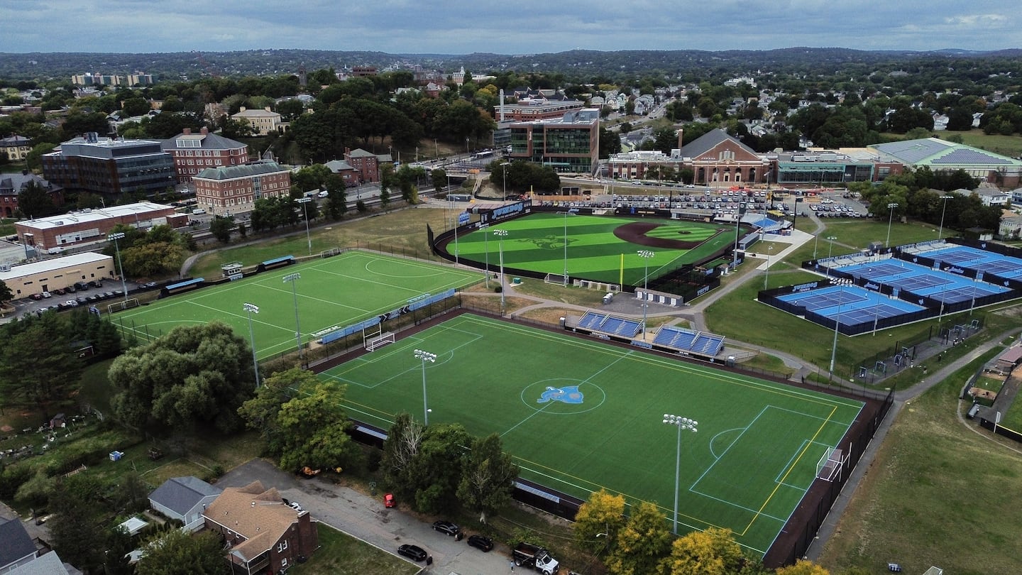 Aerial image of Bello Field at Tufts University.