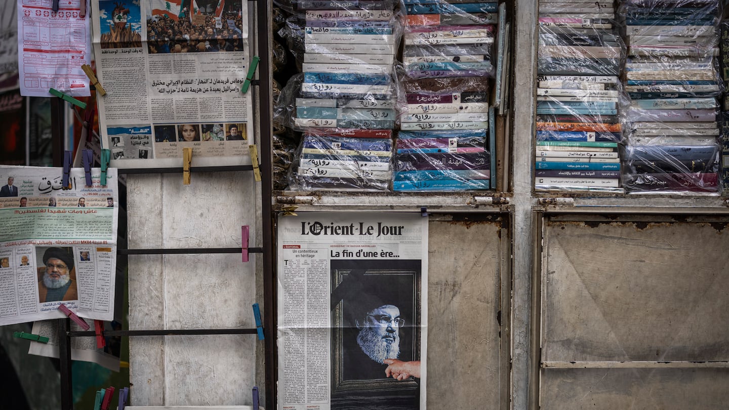 A local newspaper with an image of Hassan Nasrallah, the Hezbollah leader who was killed in an Israeli airstrike, in Beirut, on Sept. 30.