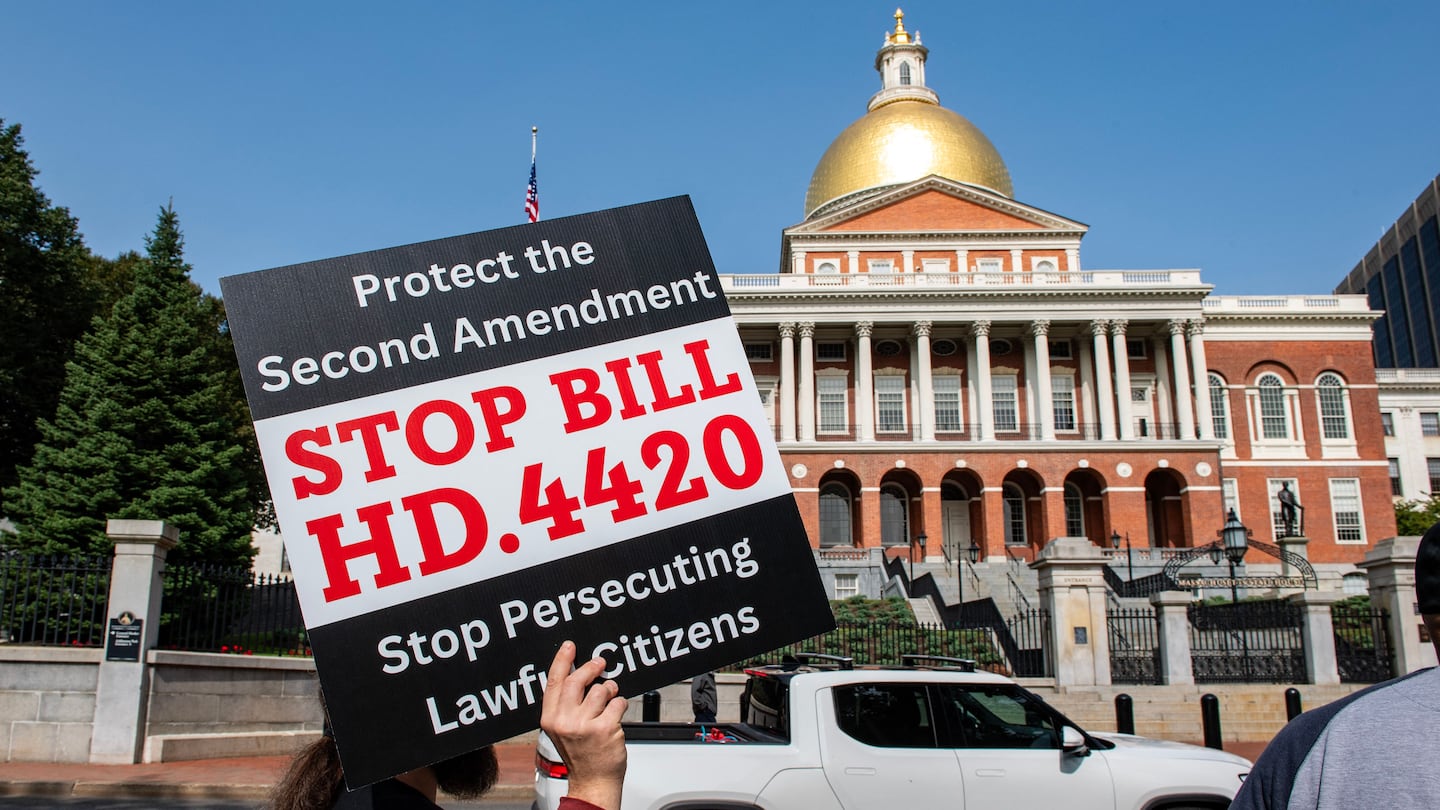 Demonstrators at a progun rally across from the State House in Boston in September 2023. The rally was organized by the Gun Owners' Action League and was aimed at stopping Massachusetts's proposed firearms bill HD. 4420 from becoming law.