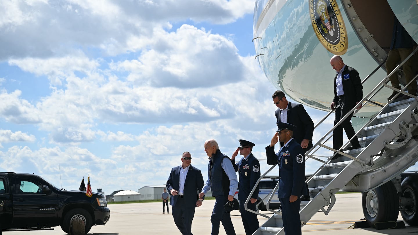 President Biden steps off Air Force One upon arrival at Greenville-Spartanburg International Airport in Greer, S.C. on Oct. 2, 2024.