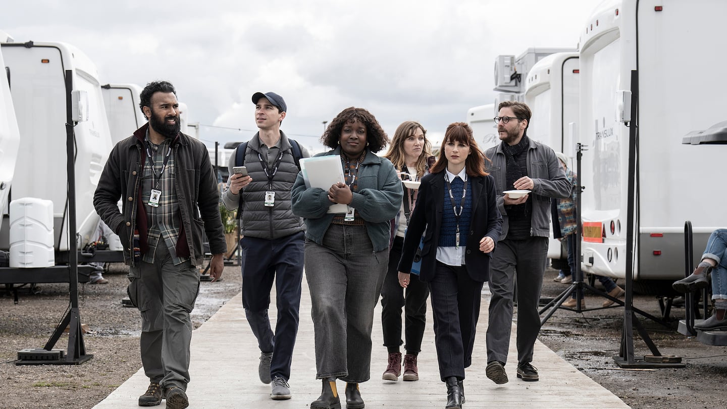 From left: Himesh Patel, Isaac Powell, Lolly Adefope, Jessica Hynes, Aya Cash, and Daniel Brühl star in "The Franchise" on HBO.