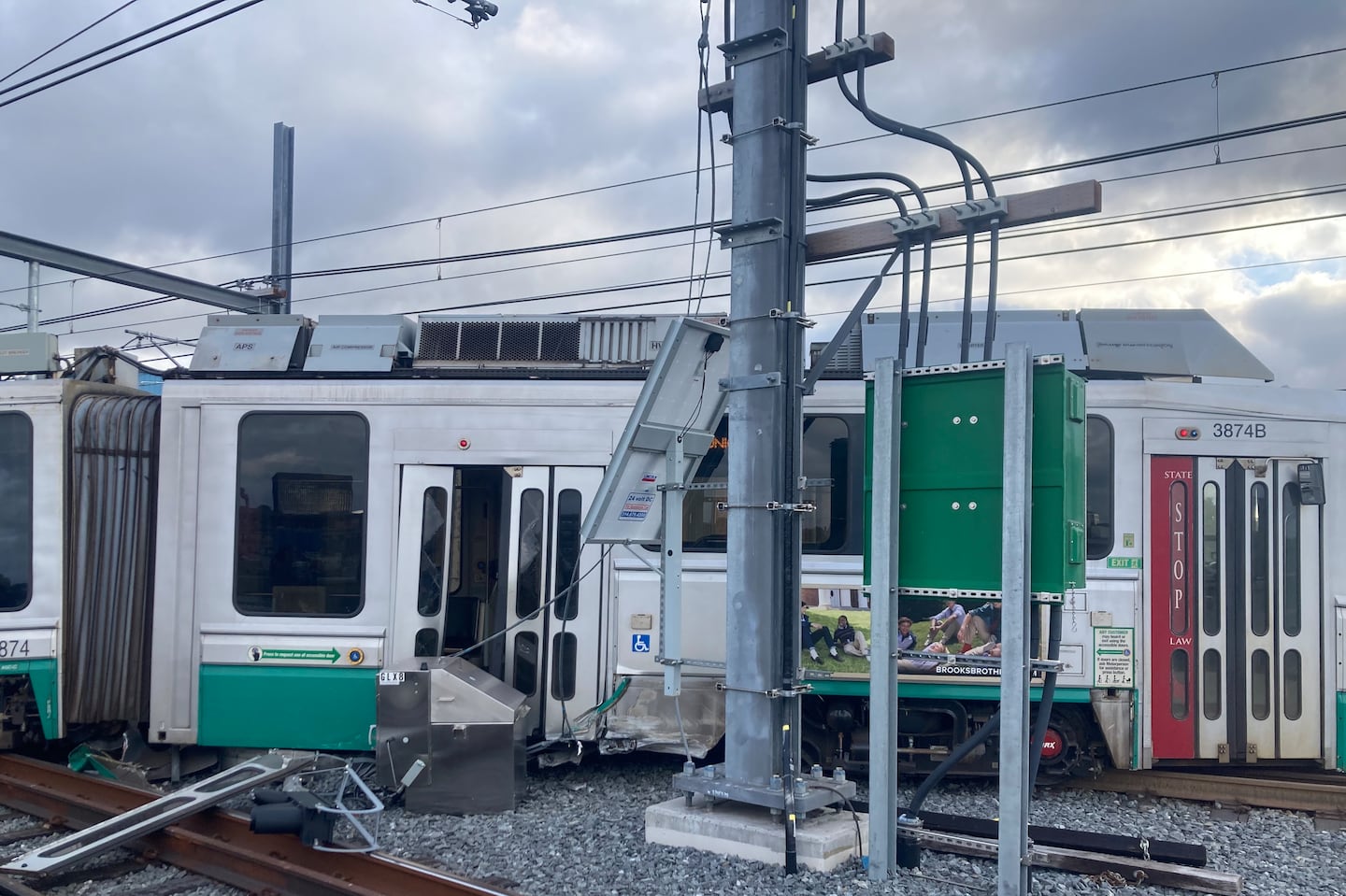 The Green Line train after it derailed Tuesday near Lechmere in Cambridge.