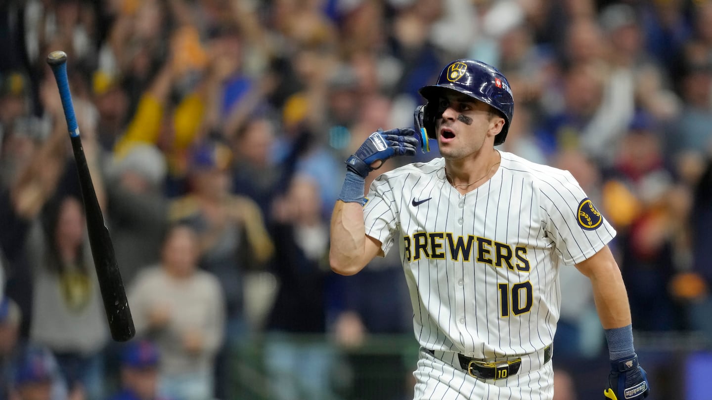 Sal Frelick flips his bat after sending a no-doubt home run over the right-field fence in the seventh inning.