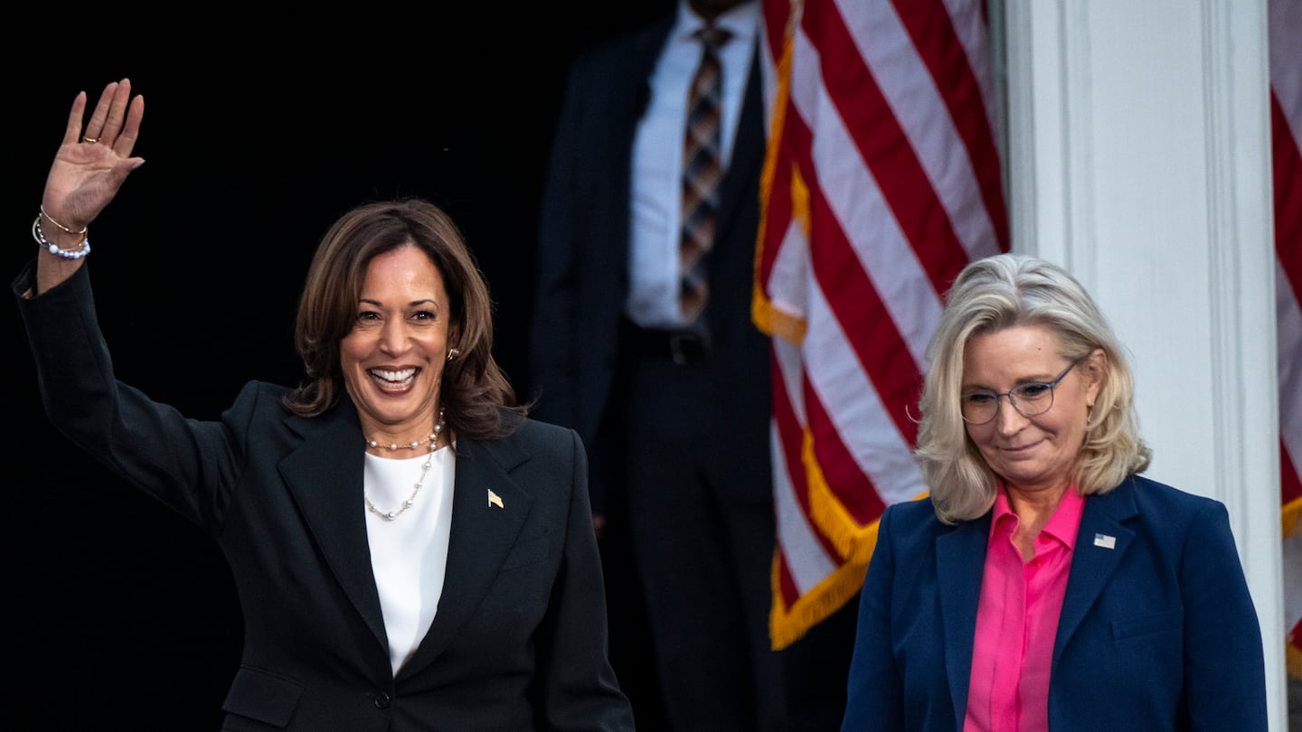 Vice President Kamala Harris makes an appearance with former Republican congresswoman Liz Cheney during a campaign event Thursday at Ripon College in Wisconsin.