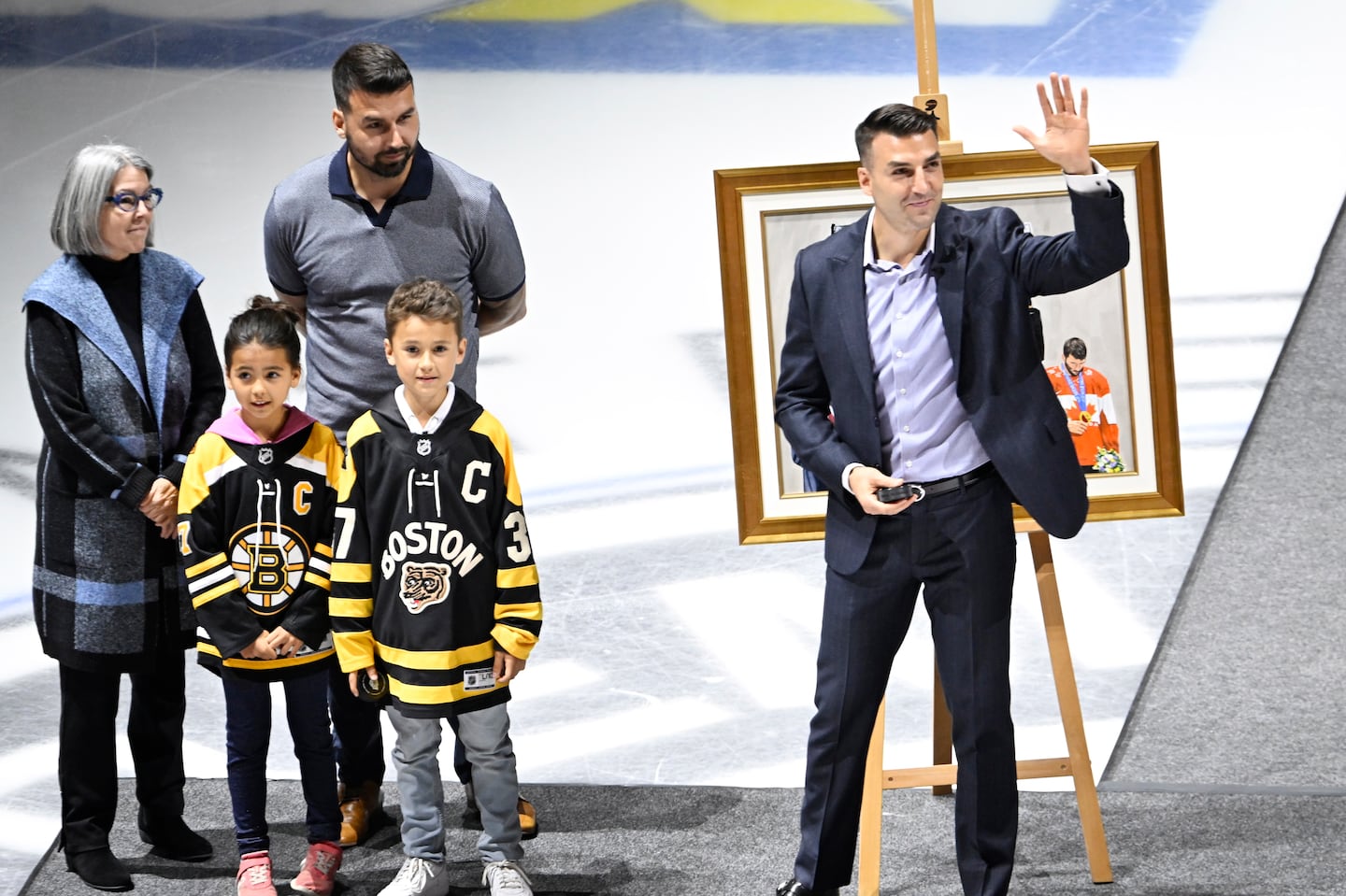 Former Bruins captain Patrice Bergeron was honored in a pregame ceremony Thursday night in Quebec City.