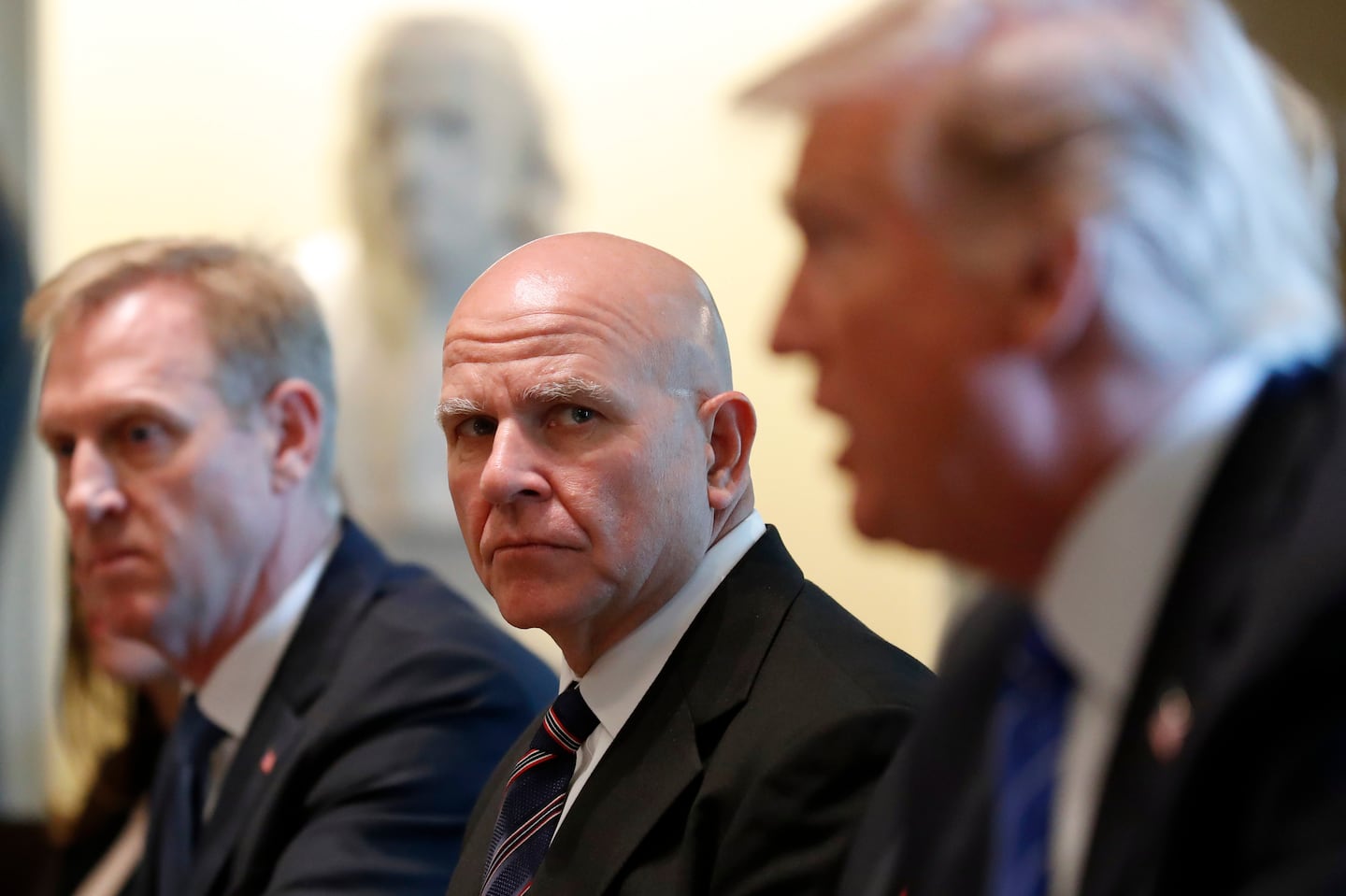 White House national security adviser H. R. McMaster, center, listened as then-president Donald Trump spoke during a meeting with Prime Minister Najib Razak of Malaysia in the Cabinet Room of the White House, Sept. 12, 2017, in Washington, D.C.