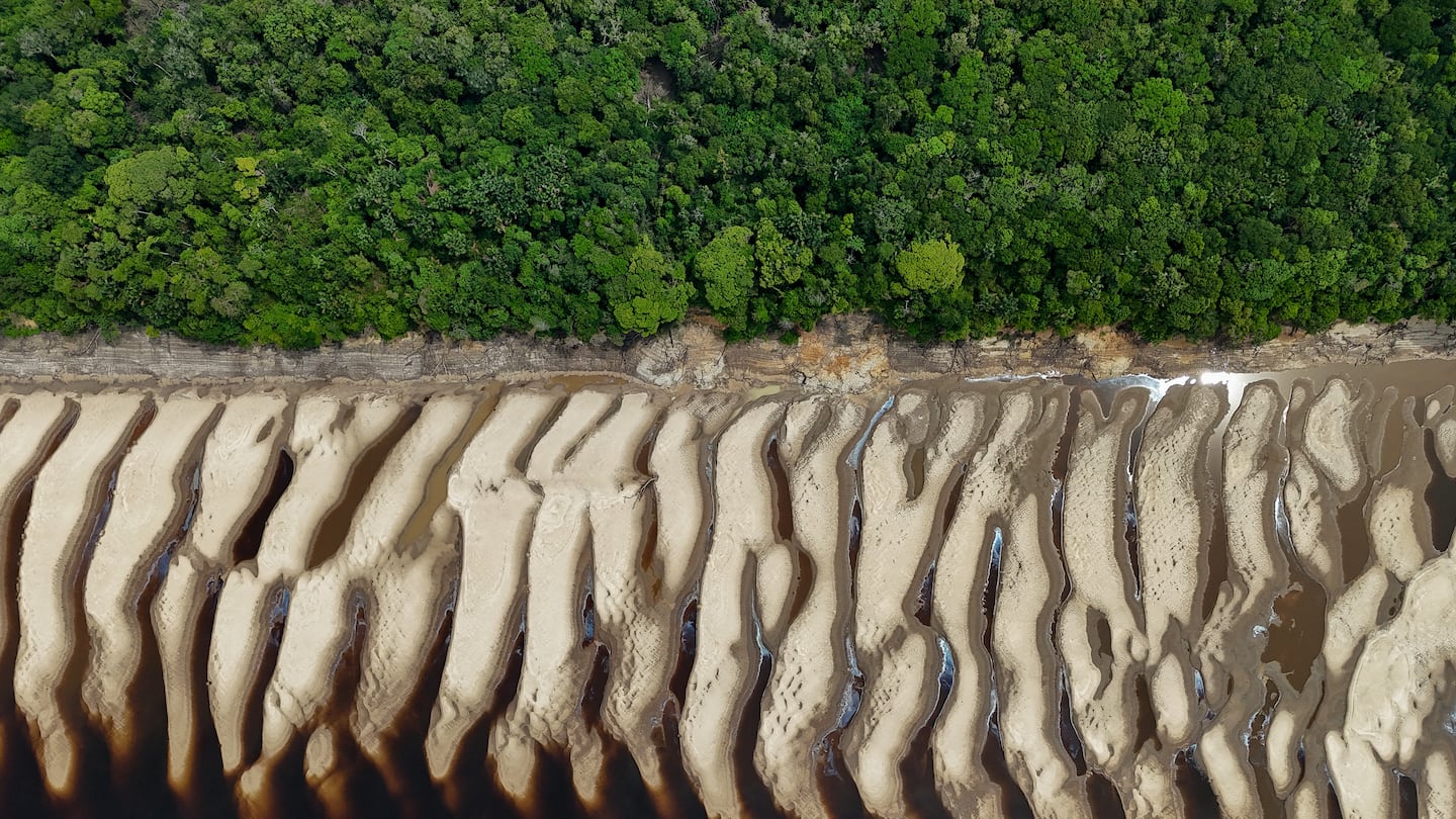 Aerial view of a sandbank on the bed of the Negro River, in the Anavilhanas Archipelago, in Novo Airao, Amazonas state, northern Brazil, on October 1, 2024.