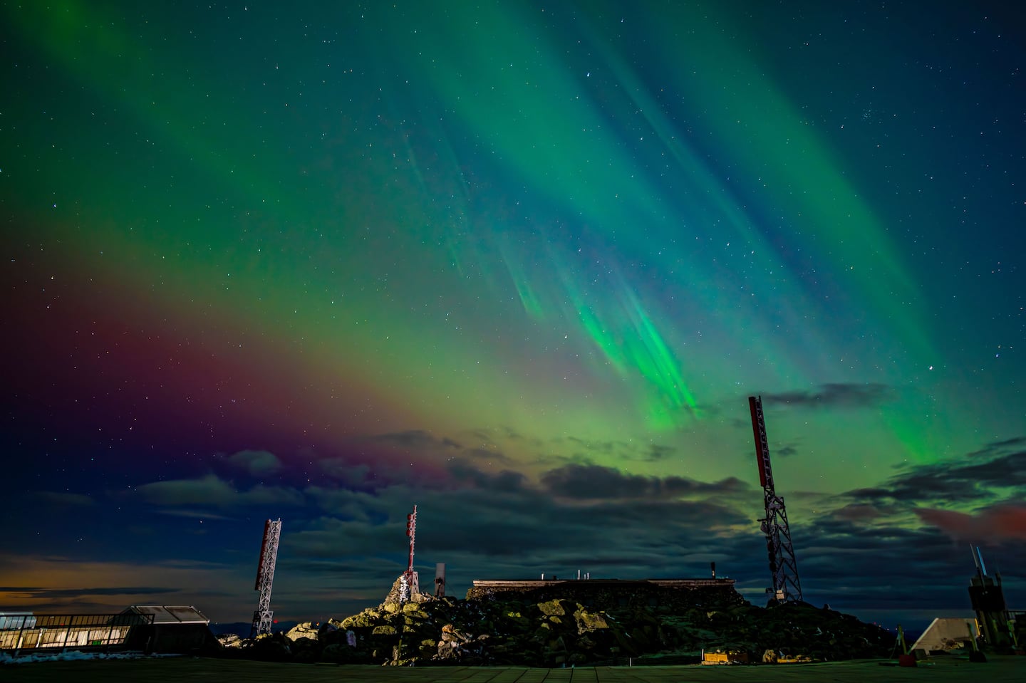 The Northern Lights as seen from the summit of Mount Washington in New Hampshire on May 10, 2024.